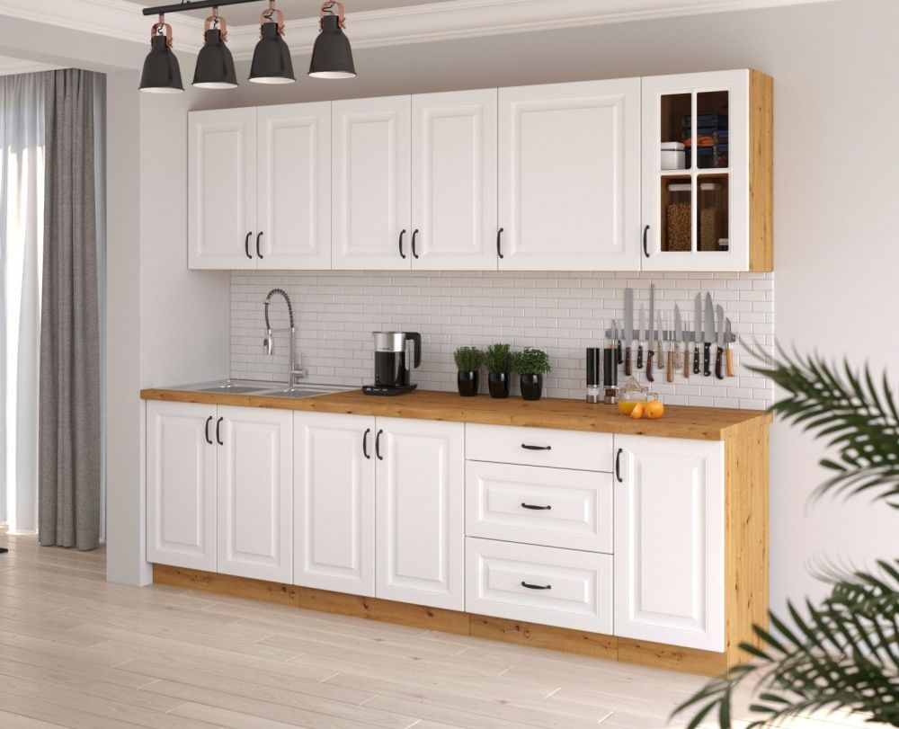 Balta MDF virtuvė 260 cm su Stillo vitrina