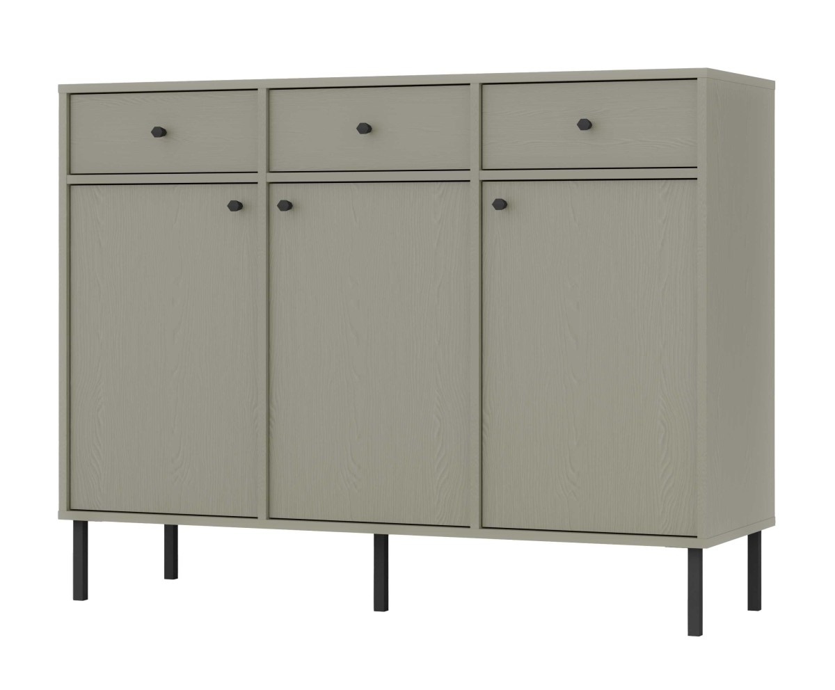 „Tokyo 3F3S“ eukalipto spalvos komoda su spintelėmis ir stalčiais