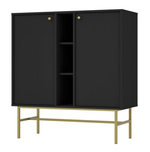 Juoda komoda „Tokyo 2F“ su spintelėmis ir nišomis