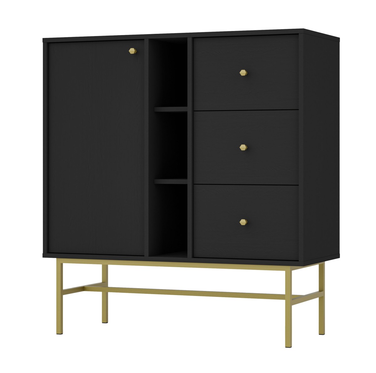 Juoda komoda „Tokyo 1F3S“ su spintele ir nišomis