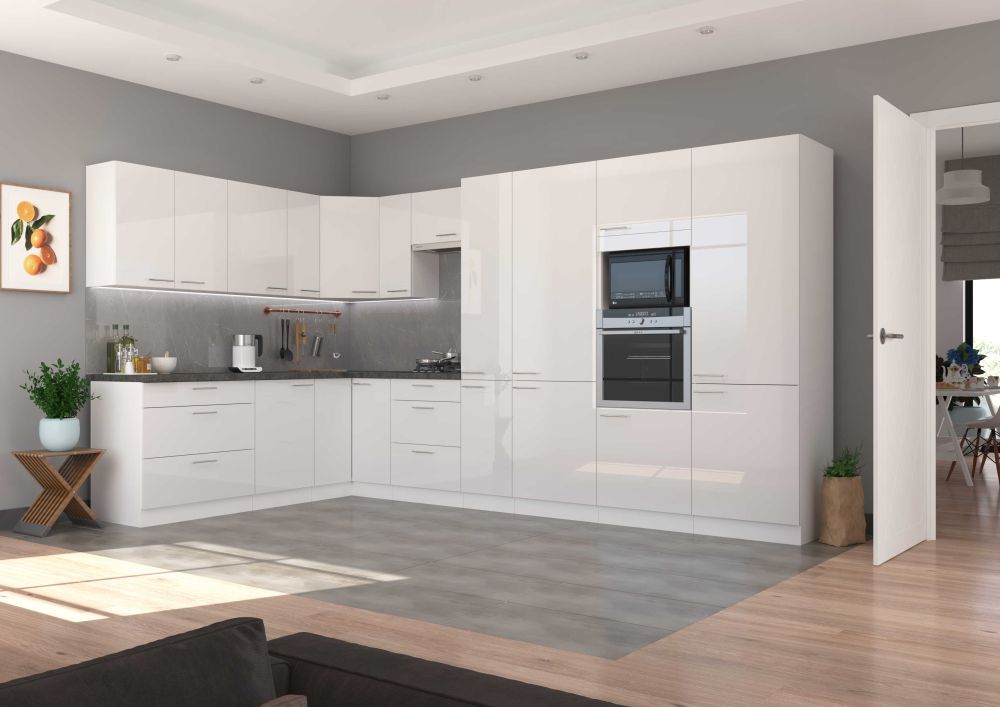 Kampinis virtuvės komplektas, kampinė virtuvė 220-370 cm Lara White