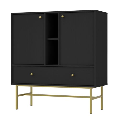 Juoda komoda „Tokyo 2F2S“ su spintelėmis, stalčiais ir nišomis