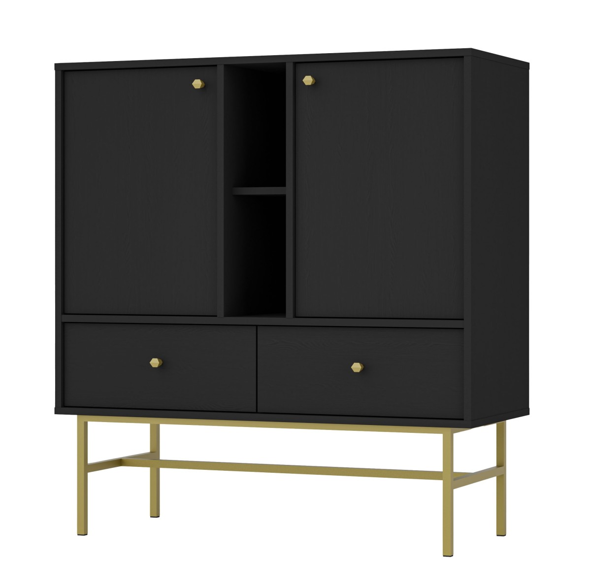 Juoda komoda „Tokyo 2F2S“ su spintelėmis, stalčiais ir nišomis