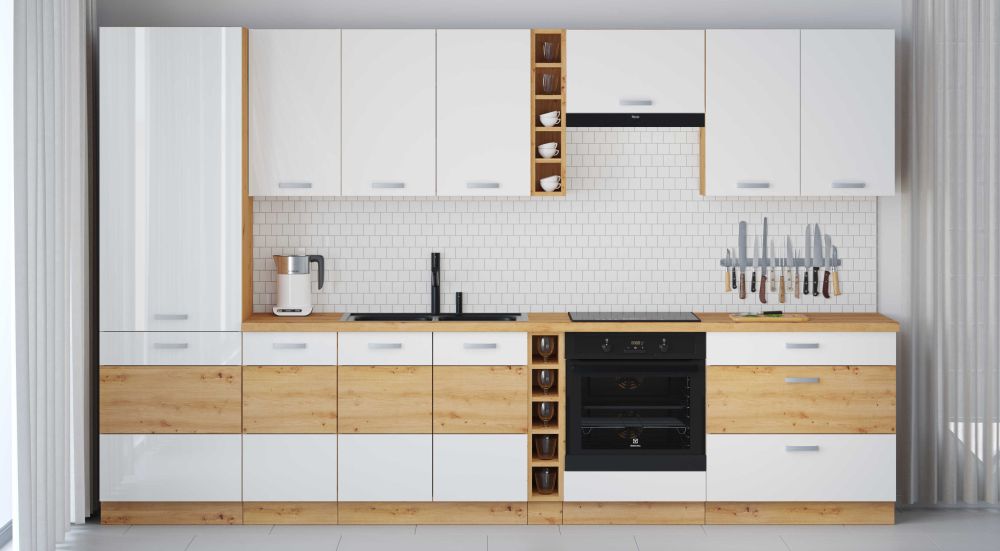 „Artisan“ virtuvės komplektas, 335 cm, blizgi balta ir artisan ąžuolas