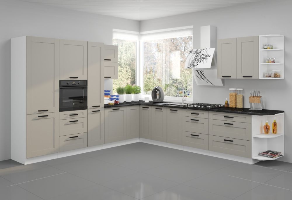 Kampinis virtuvės komplektas, kampinė virtuvė 310/340 cm balta/molio pilkumo Luna