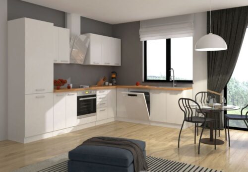 Kampinė virtuvė Eko balta spintelių komplektas 310/230 cm