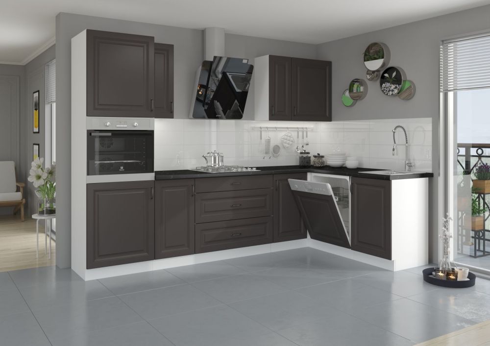 Stillo kampinis virtuvės komplektas, baltas/grafitas, kampinė virtuvė 285/170 cm