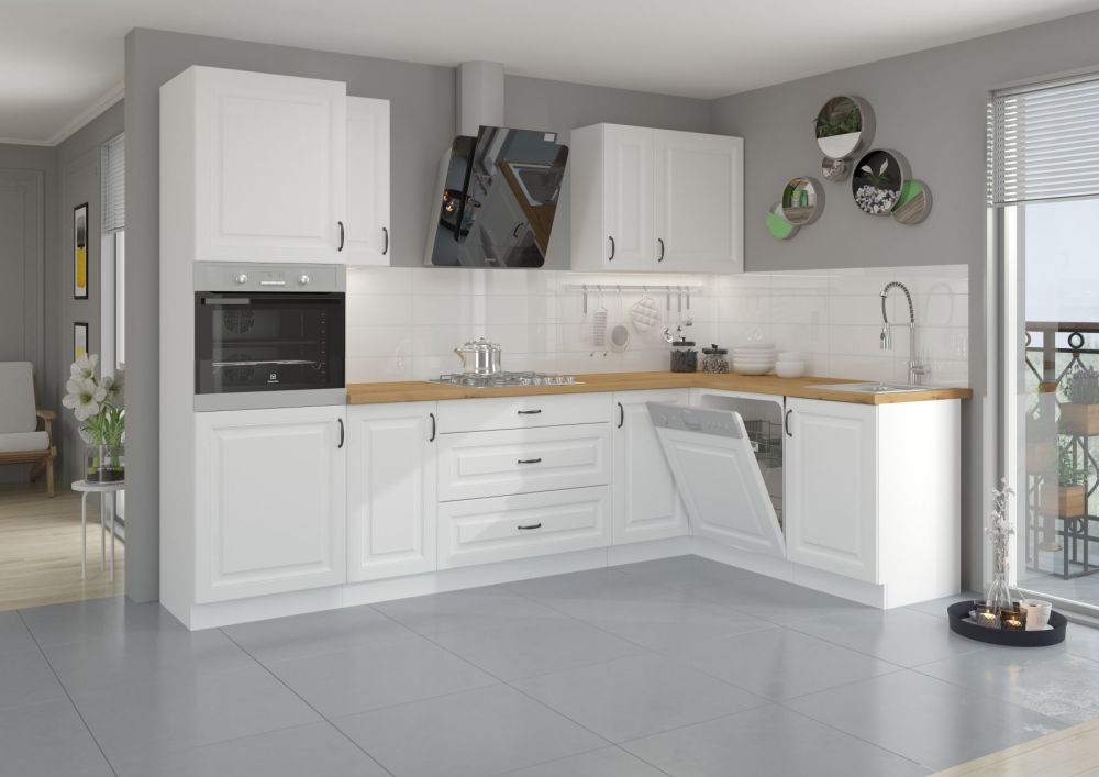 Stillo kampinis virtuvės komplektas, baltas/baltas, kampinė virtuvė 285/170 cm