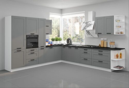 Luna kampinis virtuvės komplektas, baltas/dulkių pilkas, kampinė virtuvė 310/340 cm