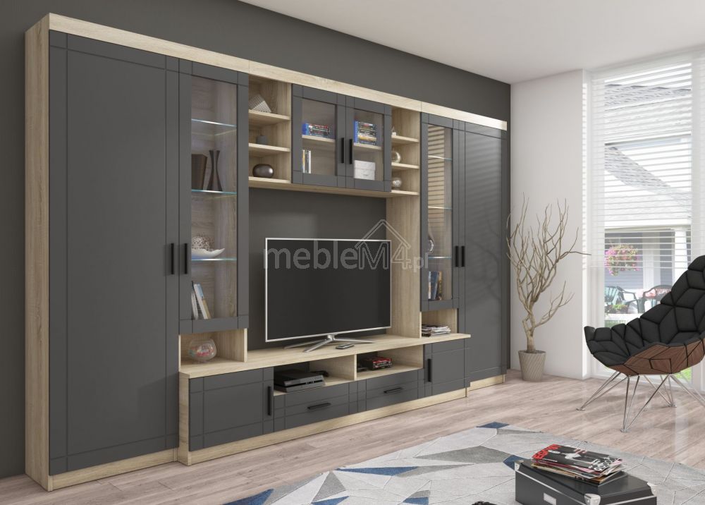 Paryžiaus sieninė spintelė grafito spalvos - sonoma ąžuolas