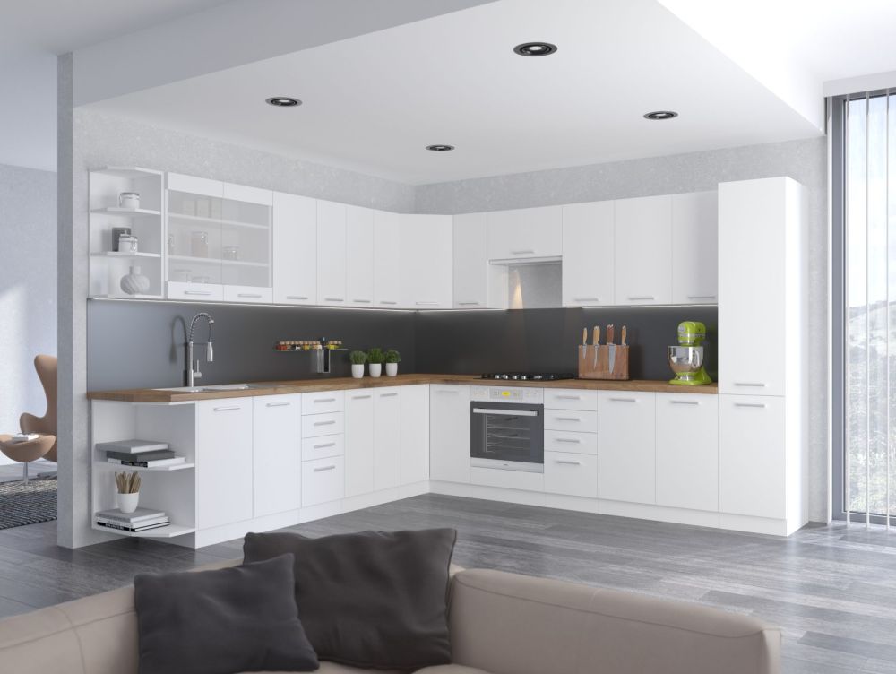 Eko baltas kampinis virtuvės komplektas 300/310 cm