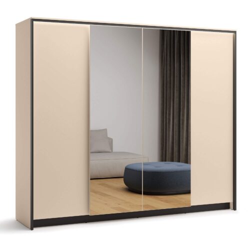 ENNA EN-06 4D keturių durų spinta | 250 cm | Veidrodis, LED apšvietimas | Smėlio, juodos spalvos