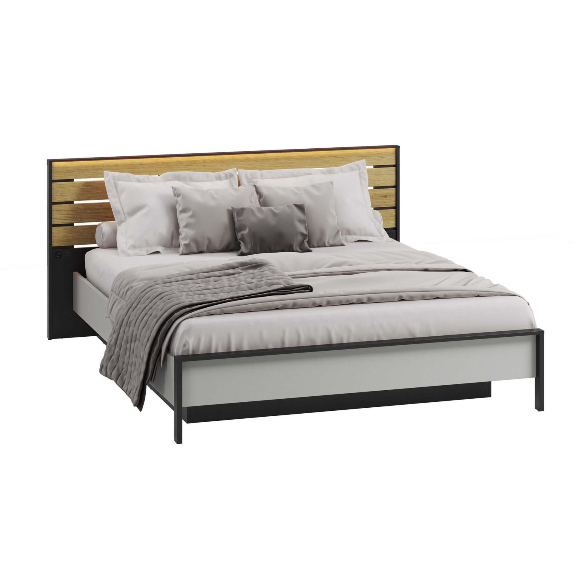 GRIS GS-02 lova su daiktadėže | 160x200 | LED apšvietimas | Pilka + juoda + natūralus ąžuolas