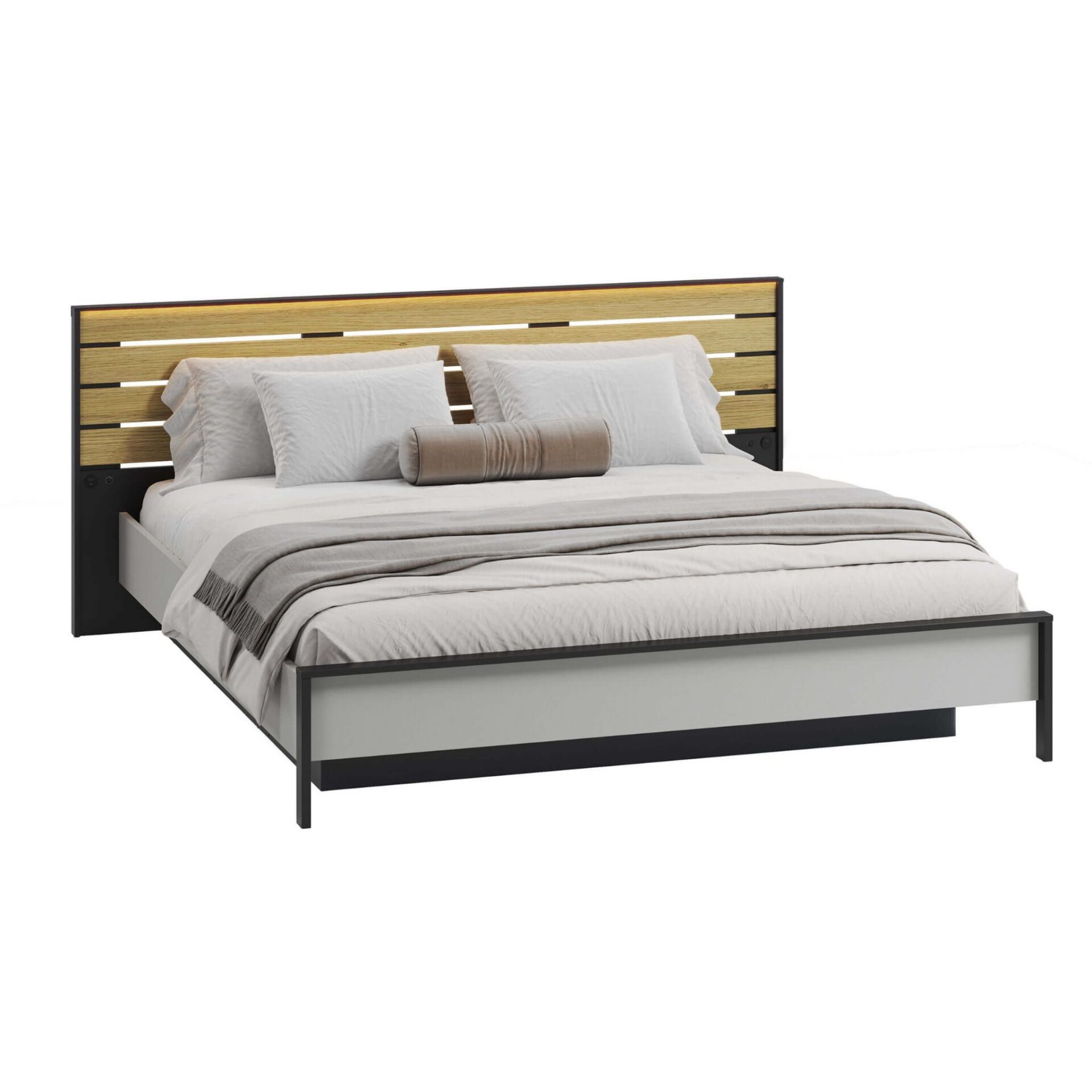 GRIS GS-02 lova su daiktadėže | 180x200 | LED apšvietimas | Pilka + juoda + natūralus ąžuolas