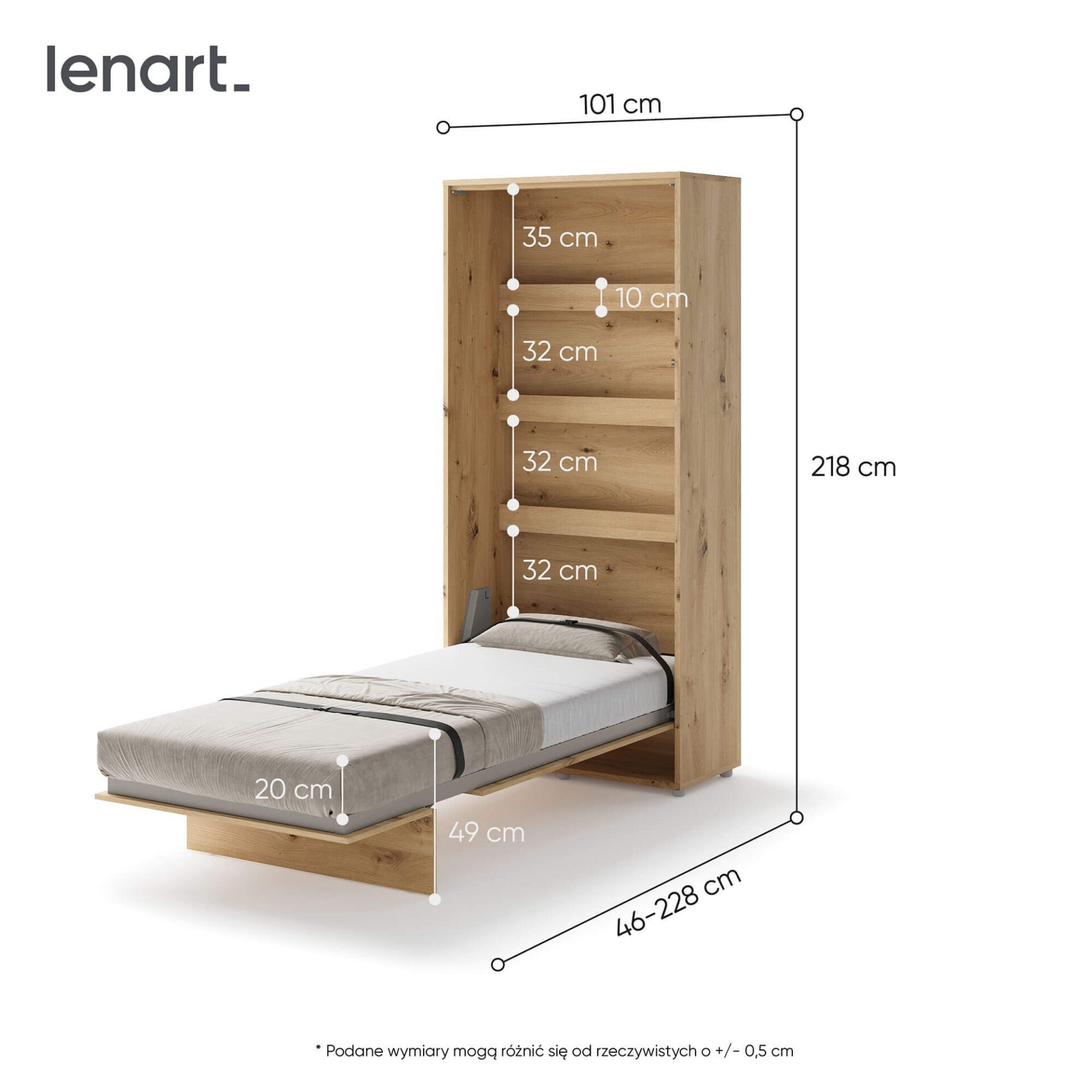 Lovos koncepcija BC-03 - vertikali sieninė lova 90 - ąžuolo imitacija - Paveikslėlis 5