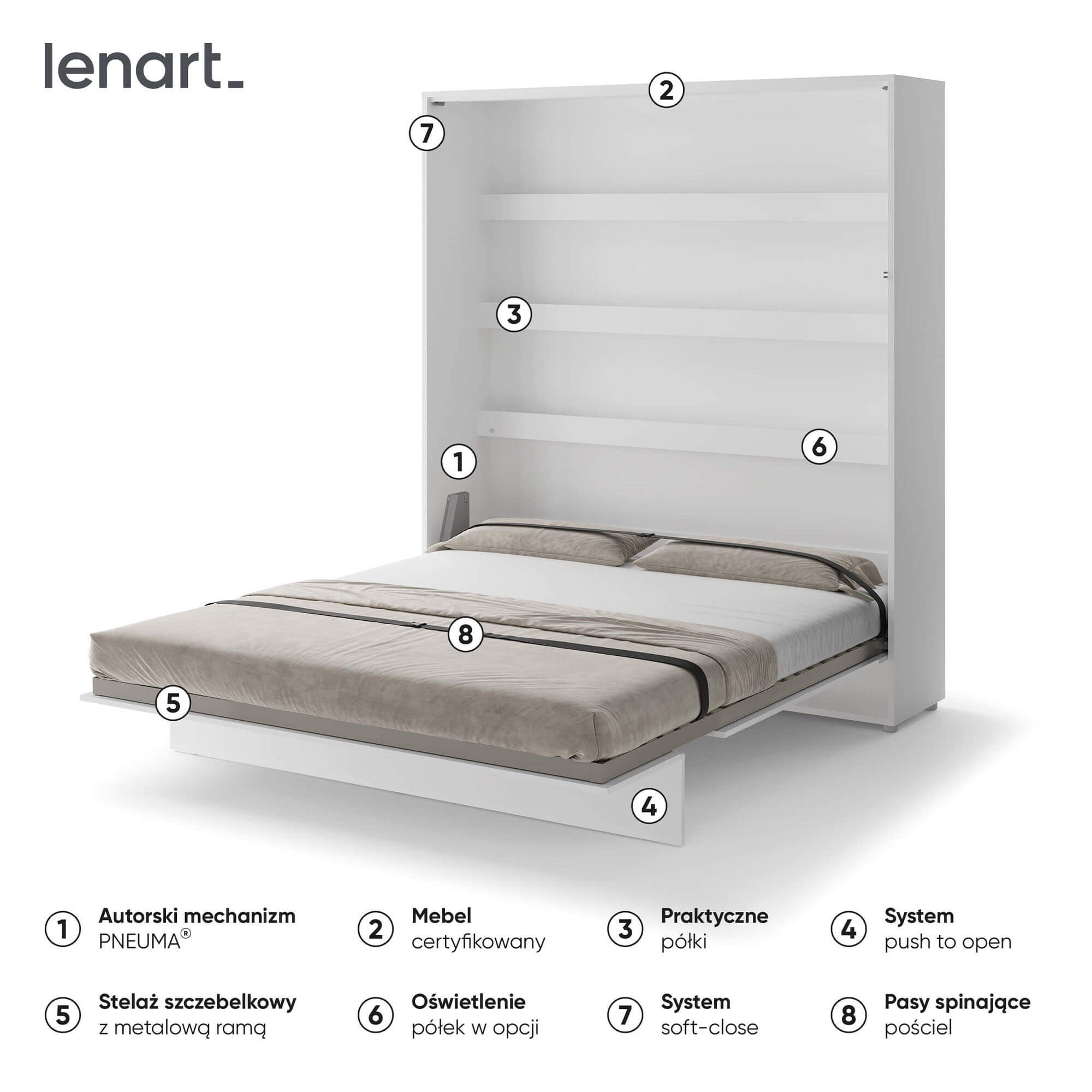 Lovos koncepcija BC-13p - vertikali sieninė lova 180 - balta blizgi - Paveikslėlis 6