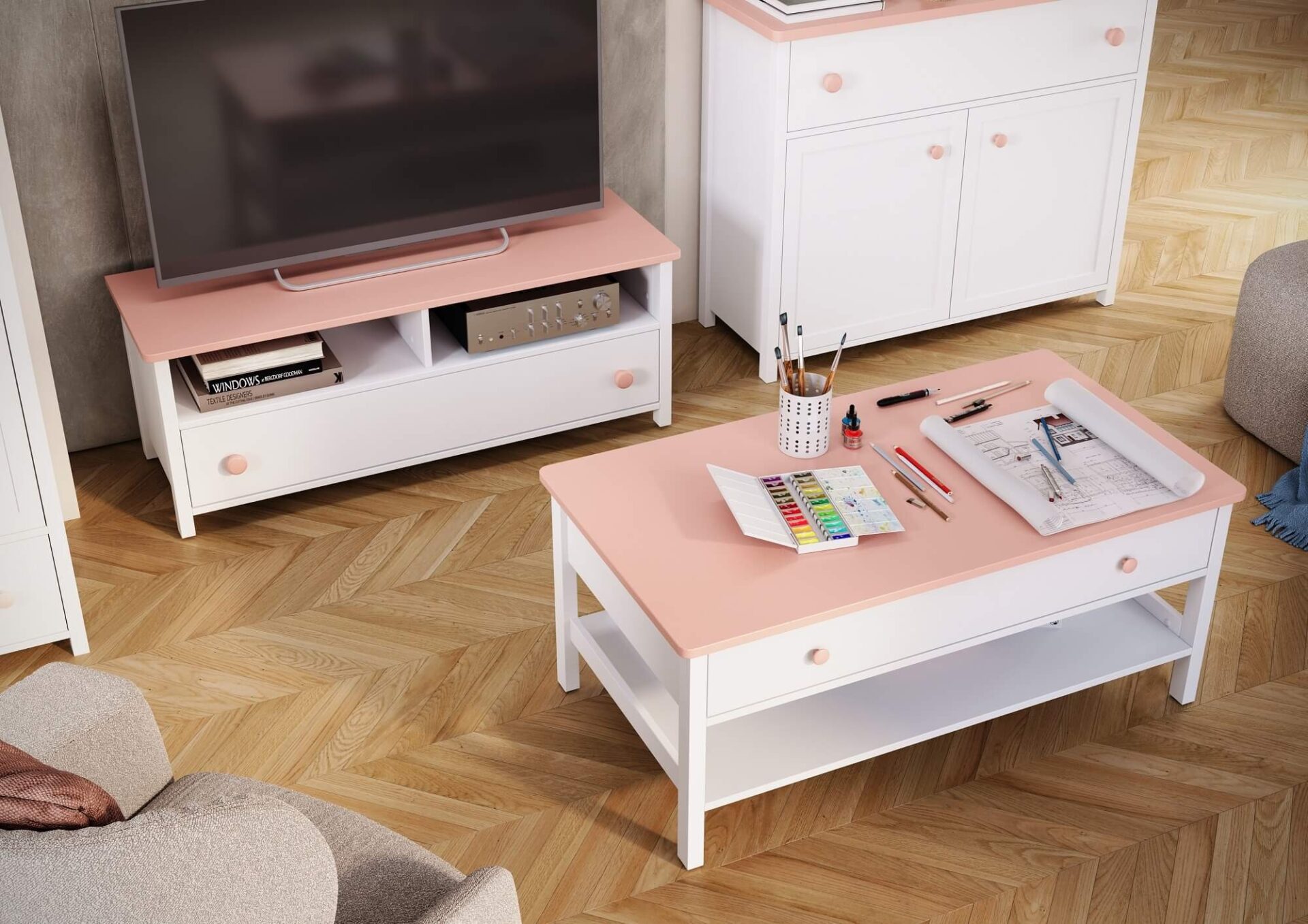 LUNA LN-05 komoda balta/rožinė - Paveikslėlis 5