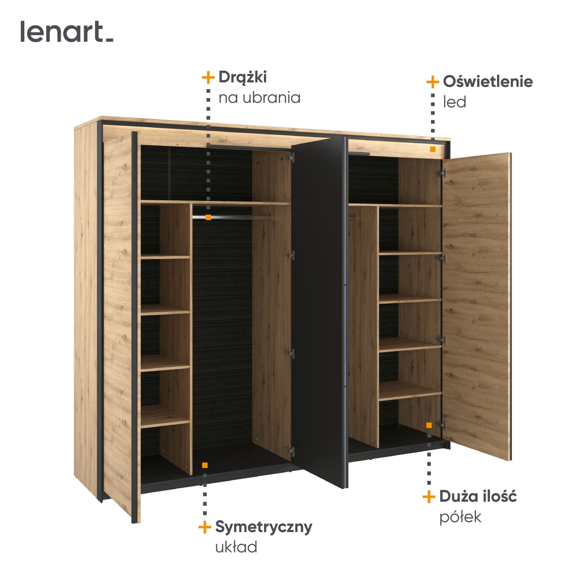 QUANT QS-05 keturių durų spinta, ąžuolo imitacija / juoda - Paveikslėlis 5