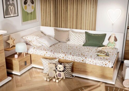 SIMI MS-09 Lova su čiužiniu | Balta, natūrali hikorio mediena