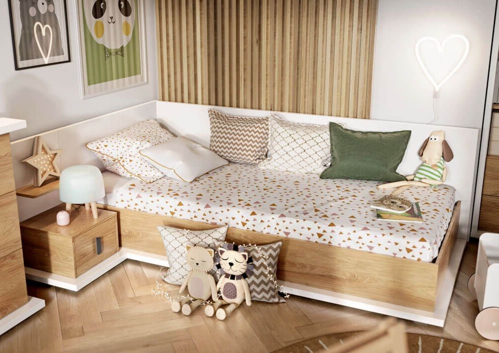 SIMI MS-09 Lova su čiužiniu | Balta, natūrali hikorio mediena