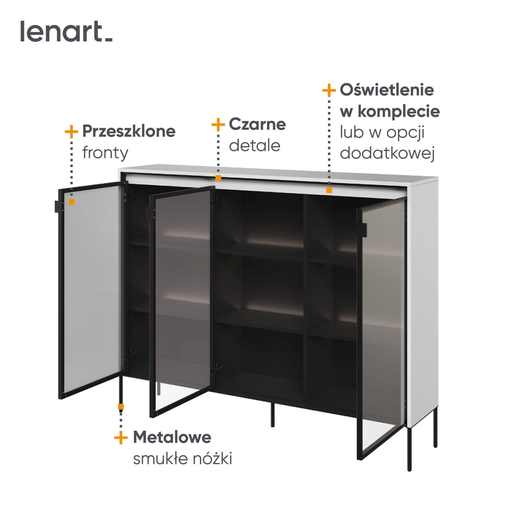 TREND 08 stiklinė vitrina, baltos/juodos kojelės — изображение 4