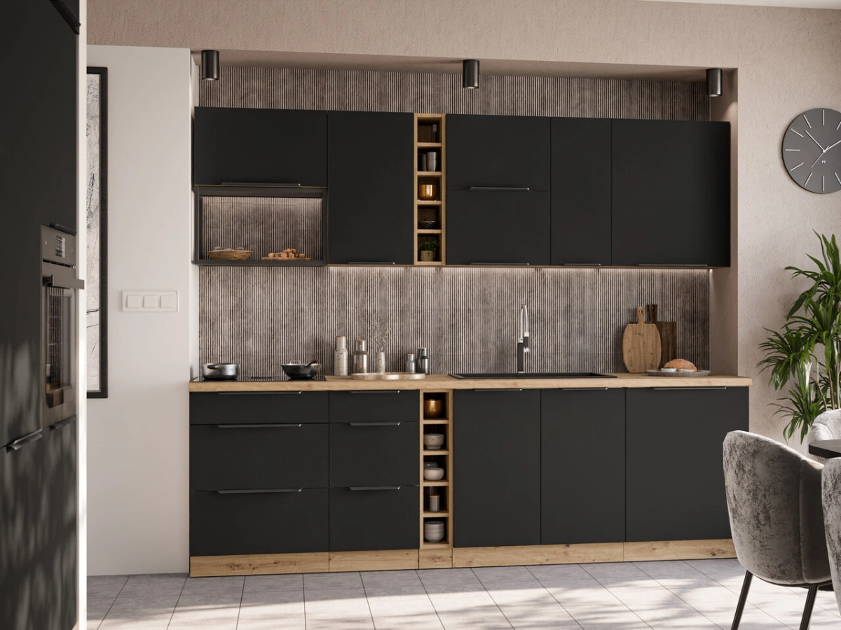 Virtuvės komplektas „Aria“ su palėpės spintelėmis, 255 cm