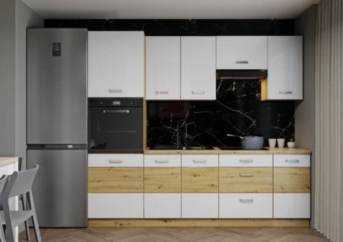 „Artisan“ virtuvės komplektas, 240 cm, baltas blizgus ir artisan ąžuolas