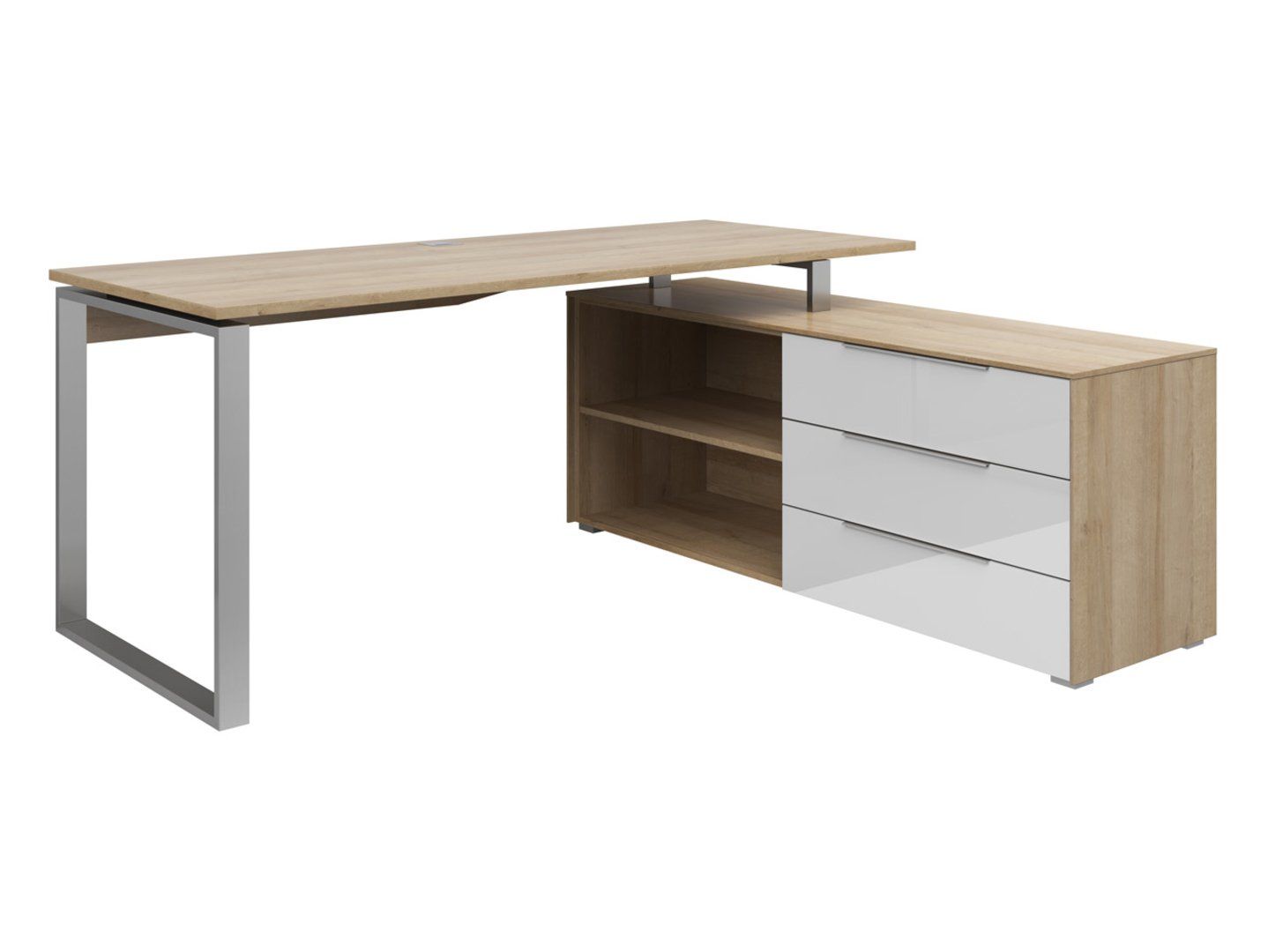 Nevada kampinis rašomasis stalas ant rėmo 158x184 cm su 3 stalčiais ir lentyna, Riviera ąžuolas