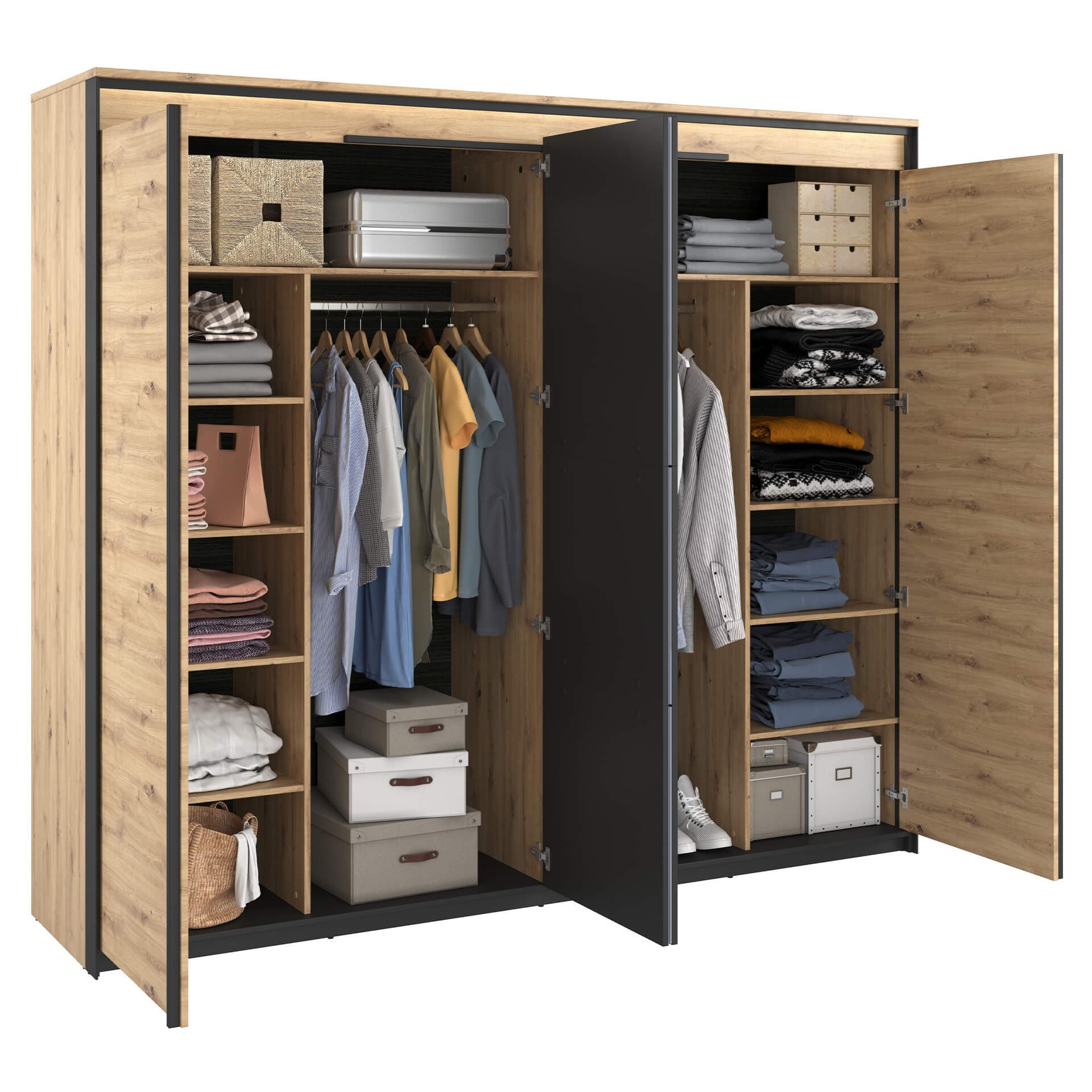 QUANT QS-05 keturių durų spinta, ąžuolo imitacija / juoda - Paveikslėlis 4