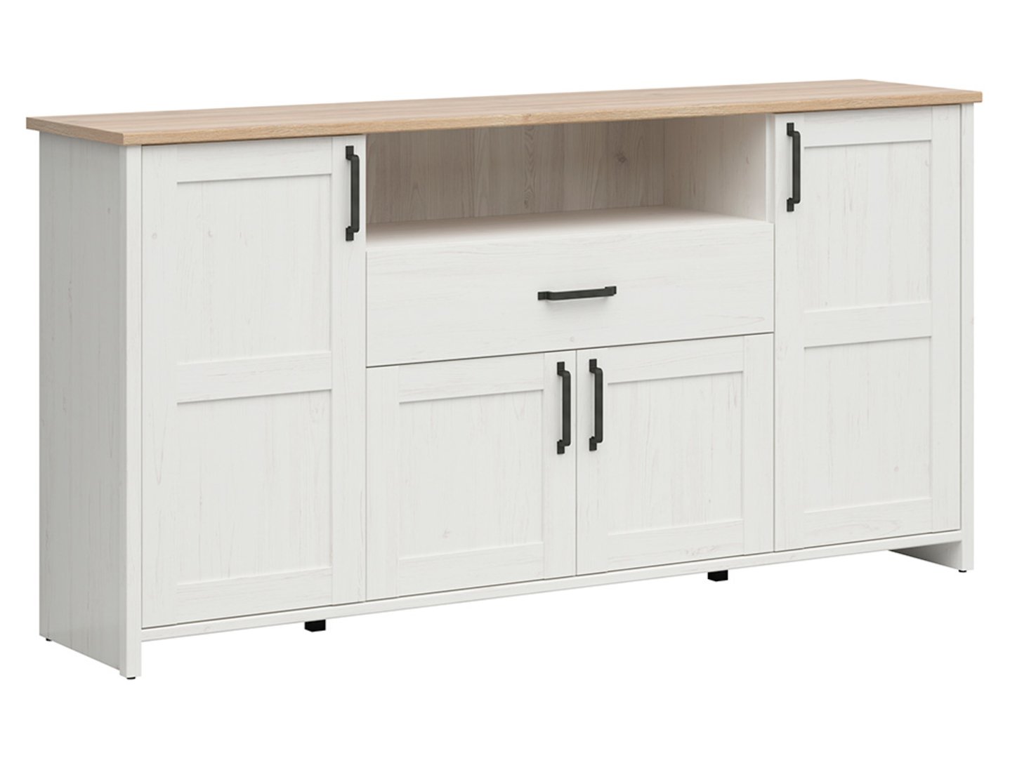 LOKSA komoda su keturių durų stalčiumi, 194 cm, anderseno pušis, balta