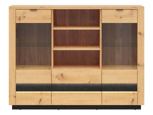 OSTIA dviejų durų stiklinė komoda su dviem stalčiais, 161 cm, ąžuolo dirbiniai / juodos spalvos blizgios spalvos