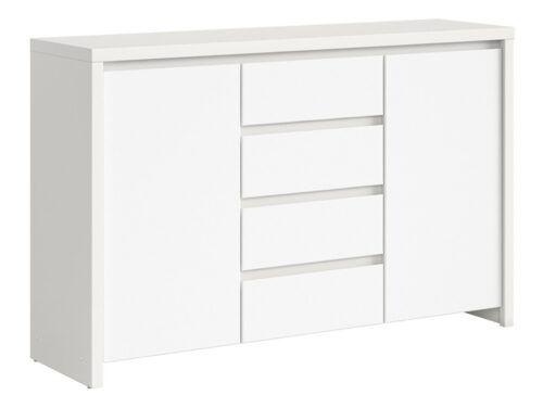 Dvidurė komoda su keturiais stalčiais KASPIAN, 143,5 cm, balta/matinė balta