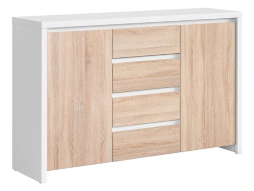 Dvidurė komoda su keturiais stalčiais KASPIAN, 143,5 cm, balta/sonoma ąžuolas