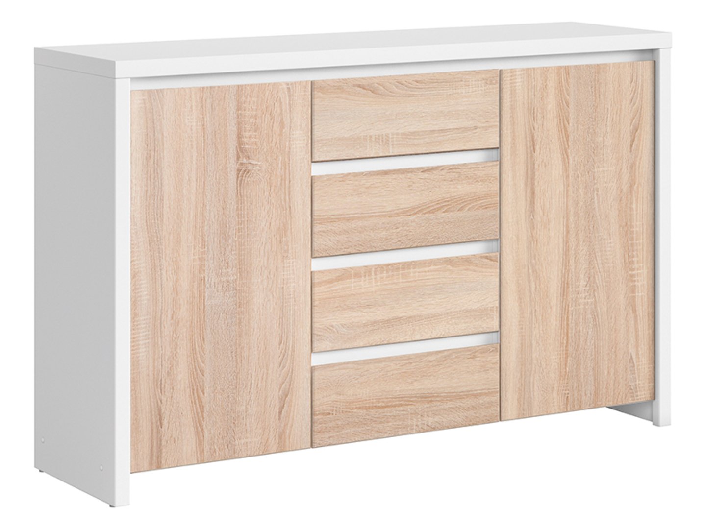 Dvidurė komoda su keturiais stalčiais KASPIAN, 143,5 cm, balta/sonoma ąžuolas