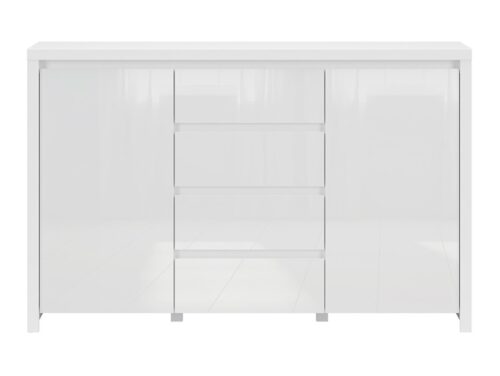 Dvidurė komoda su keturiais stalčiais LARIOS, 143 cm, balta/blizgi balta spalva