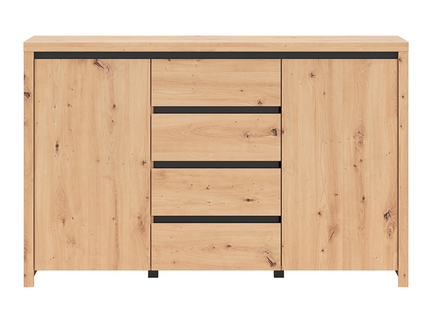LARIOS komoda su dvidurėmis durimis ir keturiais stalčiais, 143 cm, ąžuolo imitacija / juoda spalva