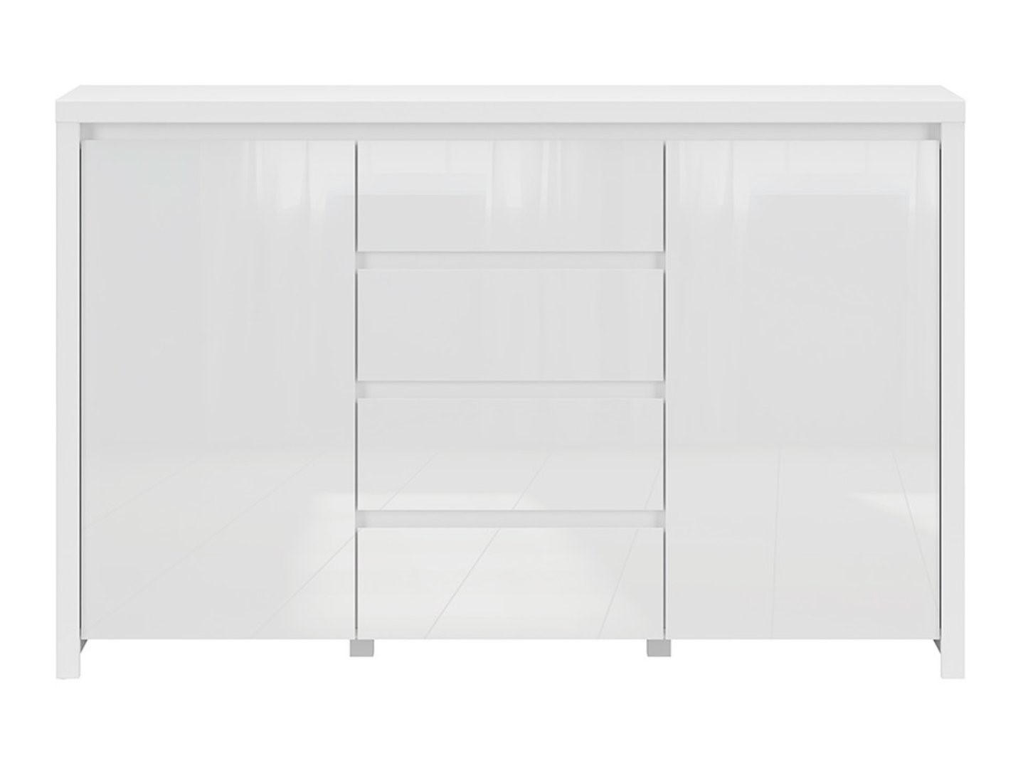 Dvidurė komoda su keturiais stalčiais LARIOS, 143 cm, balta/blizgi balta spalva