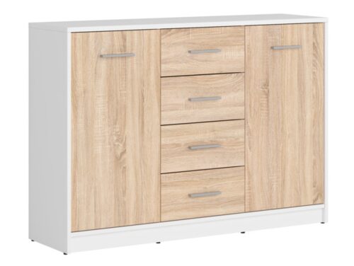 Dvidurė komoda su keturiais stalčiais NEPO PLUS 118.5 cm balta/sonoma ąžuolas