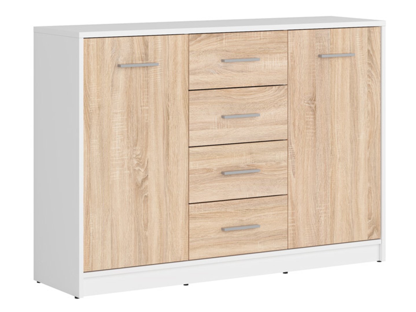 Dvidurė komoda su keturiais stalčiais NEPO PLUS 118.5 cm balta/sonoma ąžuolas