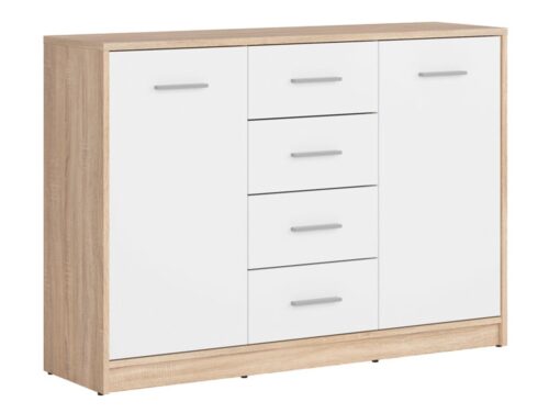 Dviejų durų komoda su keturiais stalčiais NEPO PLUS 118,5 cm, Sonoma ąžuolas/balta