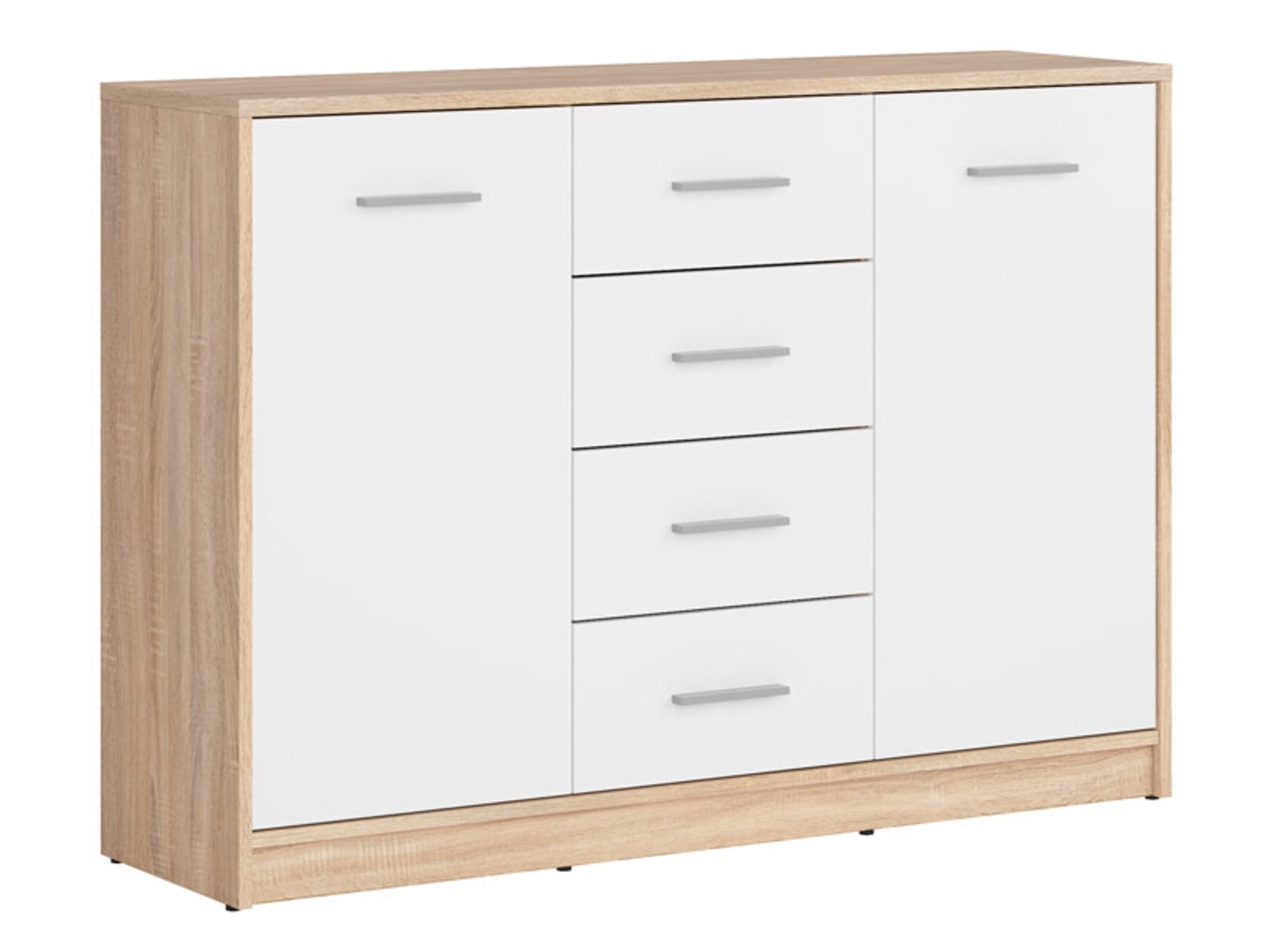 Dviejų durų komoda su keturiais stalčiais NEPO PLUS 118,5 cm, Sonoma ąžuolas/balta