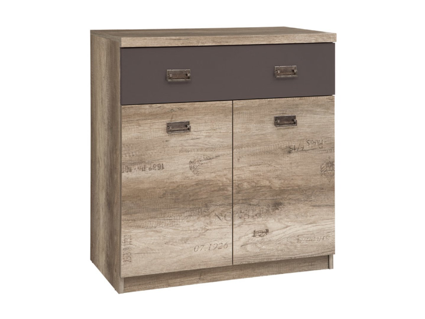 Dvidurė komoda su stalčiumi MALCOLM 80 cm, paminklinio ąžuolo imitacija/paminklinio ąžuolo imitacija su raštu