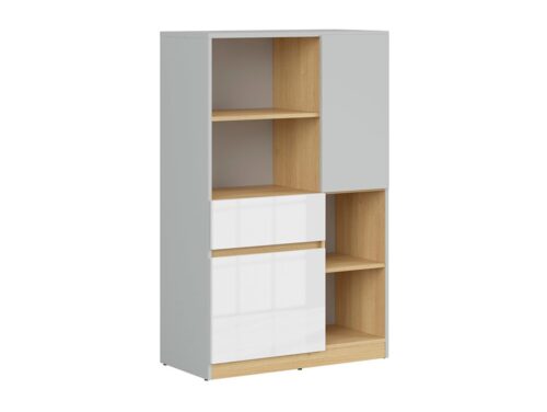 NANDU komoda su dvidurėmis durimis ir stalčiumi, 79,5 cm, šviesiai pilka/poliruoto ąžuolo/blizgios baltos spalvos