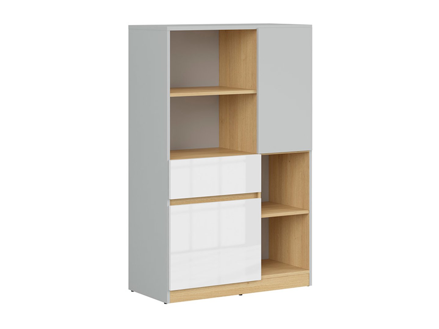 NANDU komoda su dvidurėmis durimis ir stalčiumi, 79,5 cm, šviesiai pilka/poliruoto ąžuolo/blizgios baltos spalvos