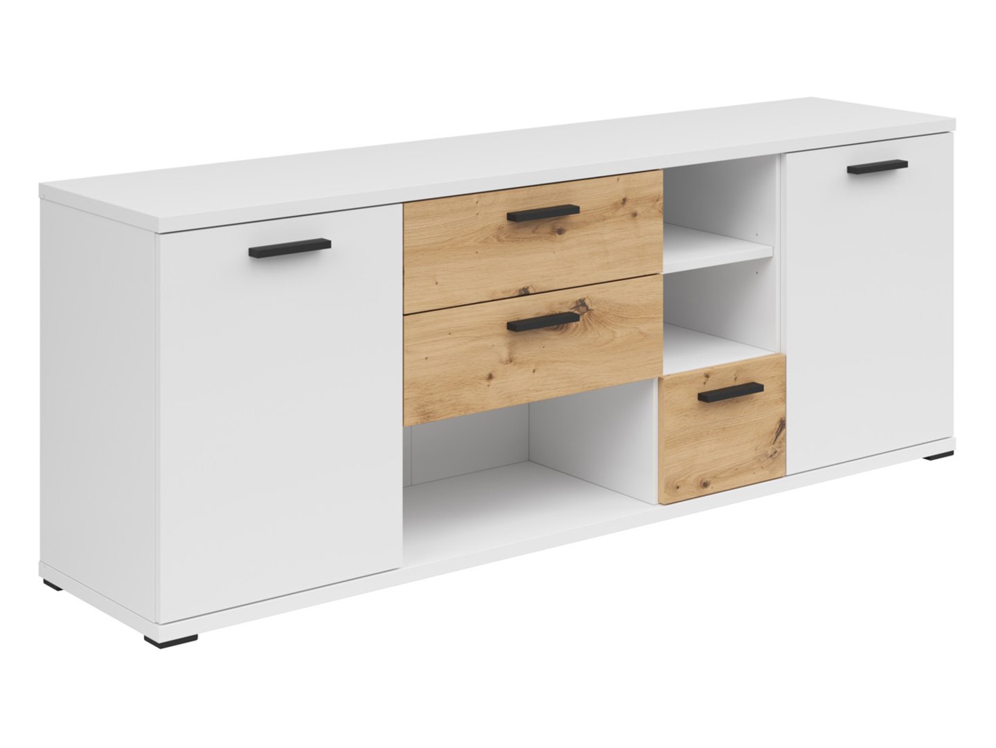 „Homeland“ 155 cm dviejų durų komoda su trimis stalčiais, balta/artisan ąžuolas/balta