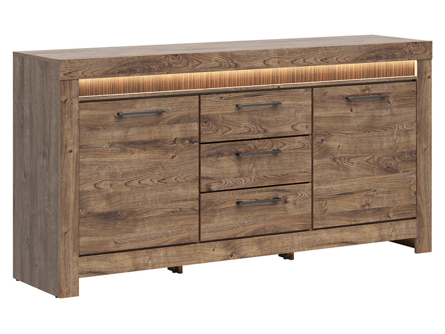 Komoda su dviem durimis ir trimis stalčiais TORIN, 180 cm, ąžuolo rudos spalvos, briaunota