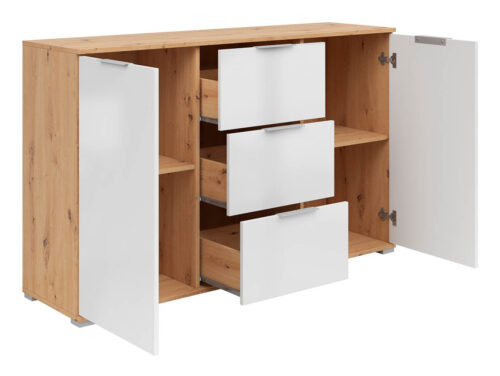 ZELE komoda su dviem durimis ir trimis stalčiais, 135 cm, dirbtinio ąžuolo spalva / blizgi balta spalva