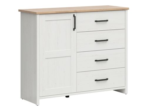 Vienų durų komoda su keturiais stalčiais LOKSA 120 cm, anderseno pušis, balta