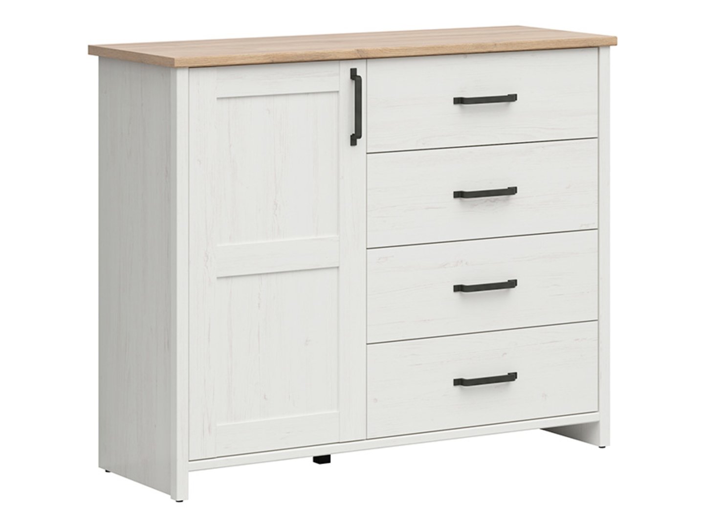 Vienų durų komoda su keturiais stalčiais LOKSA 120 cm, anderseno pušis, balta