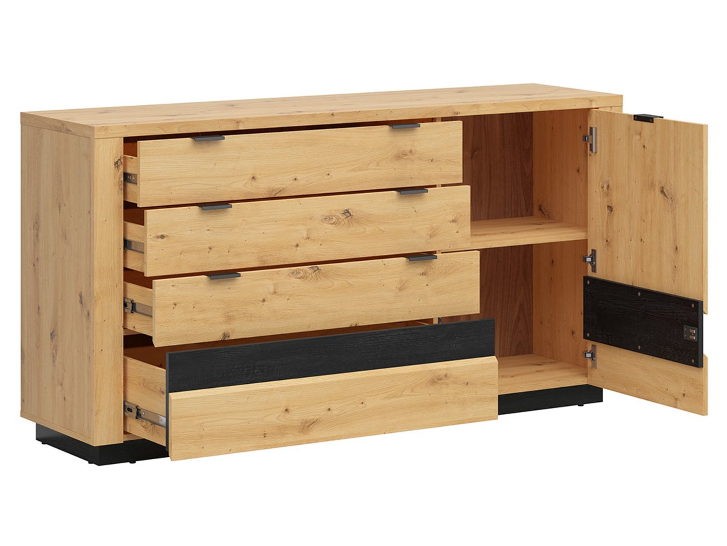 OSTIA komoda su vienomis durimis ir keturiais stalčiais, 161 cm, ąžuolo imitacija / juoda blizgi spalva